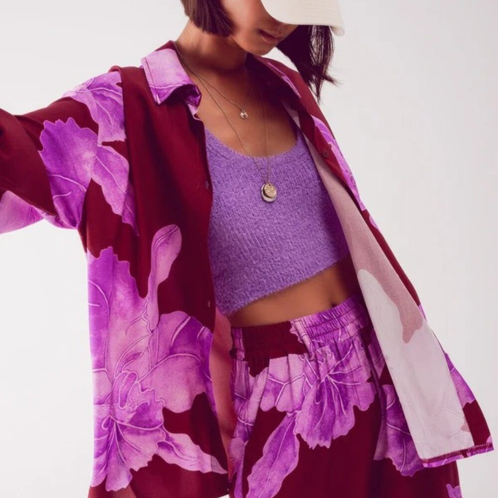 Q2 Whitney Tropical Oversized Floral Button Up Blouse Top In Fuchsia Siz…
